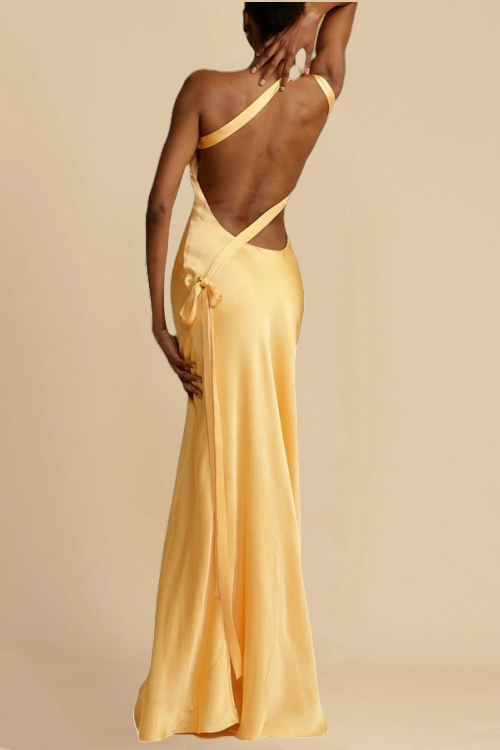One Shoulder Backless Satin Maxi Party Dress