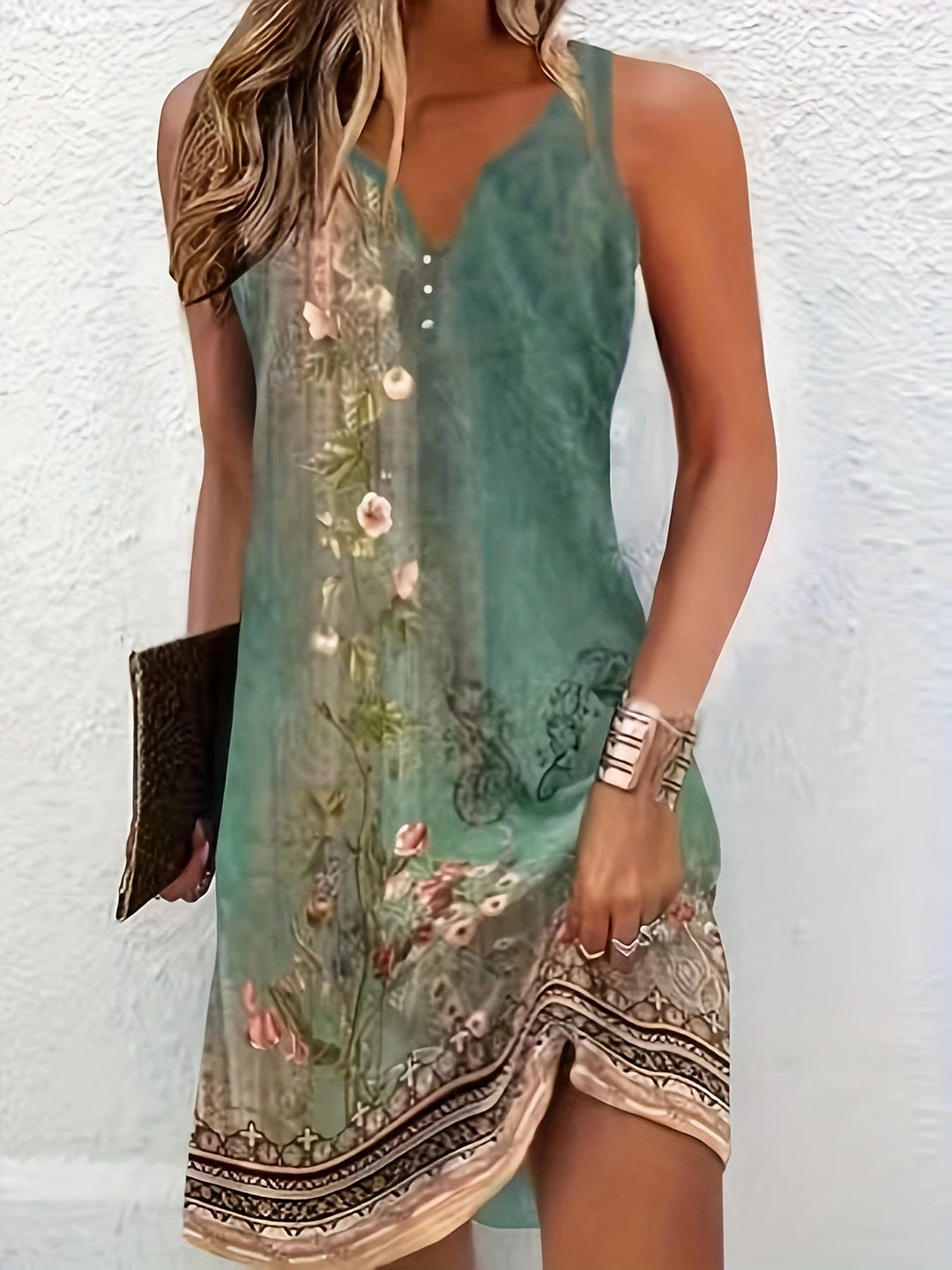 Vivara | Floral Print V-Neck Form-Fitting Stretch Maxi Dress