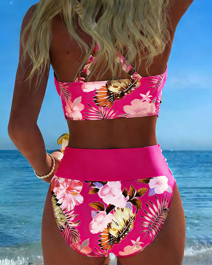 Bikini with contrasting floral print and slit