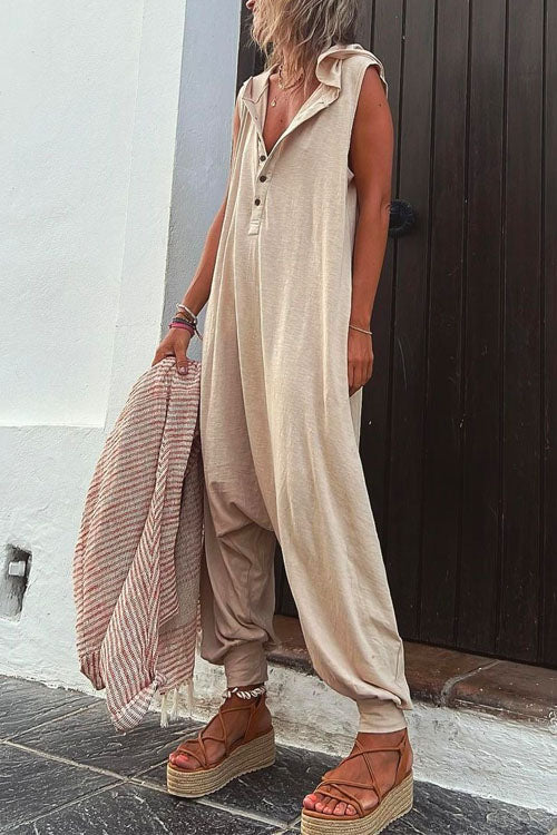 Margovil La Vie Pocketed Half Button Hoodied Jumpsuit(5 Colors Available)