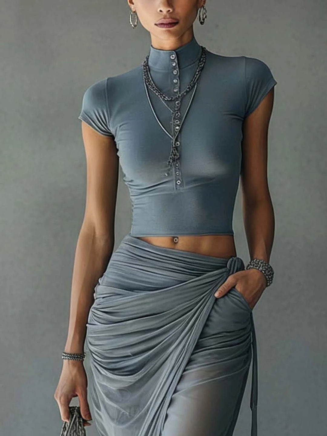 Sofia Cropped T-Shirt and Sheer Mesh Draped Skirt Set