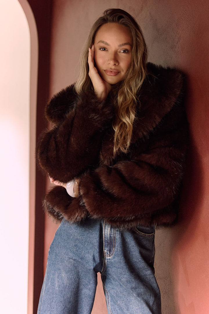 APRIL OVERSIZED FUR JACKET - DARK CHOCOLATE