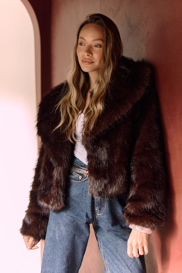 APRIL OVERSIZED FUR JACKET - DARK CHOCOLATE