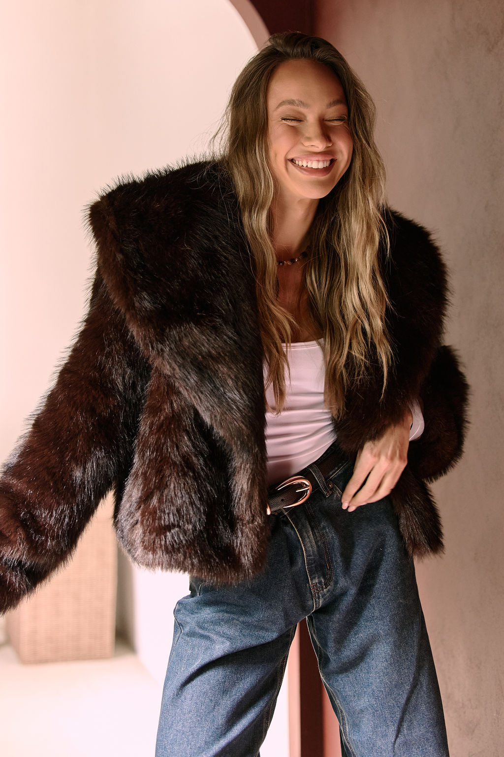 APRIL OVERSIZED FUR JACKET - DARK CHOCOLATE