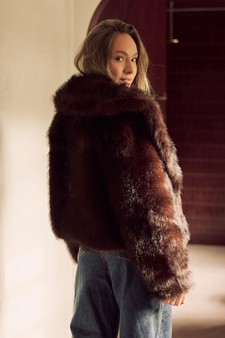 APRIL OVERSIZED FUR JACKET - DARK CHOCOLATE