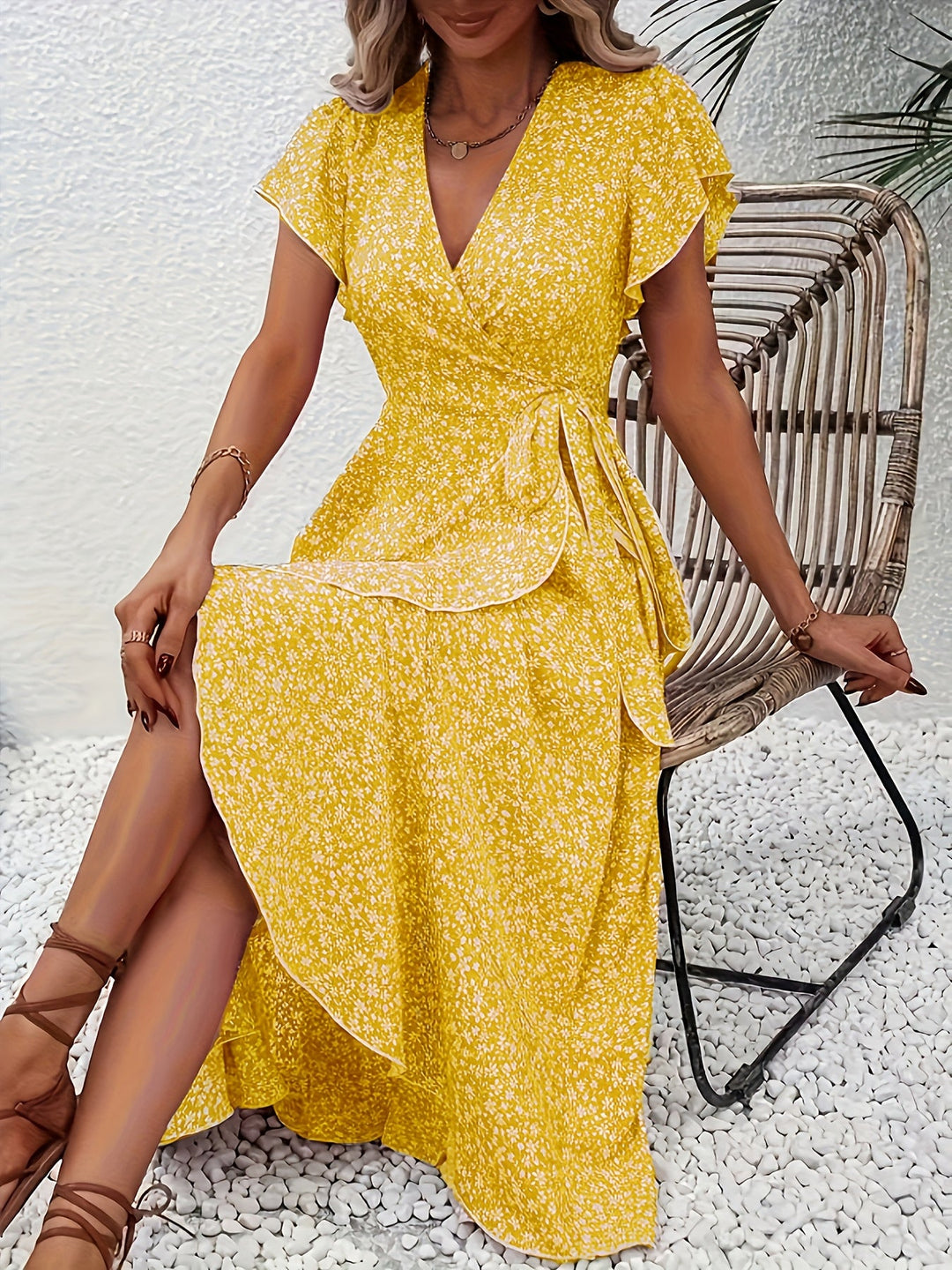 Elegara | V-Neck Short Sleeve Midi Dress
