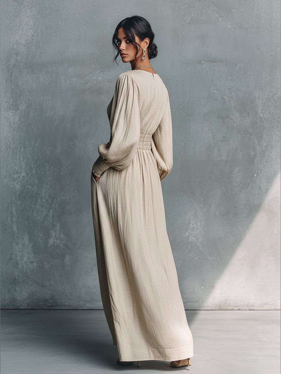 Women's Beige Cotton Linen Striped V-Neck Shirred Waist Maxi Dress MDZ0361C4BA