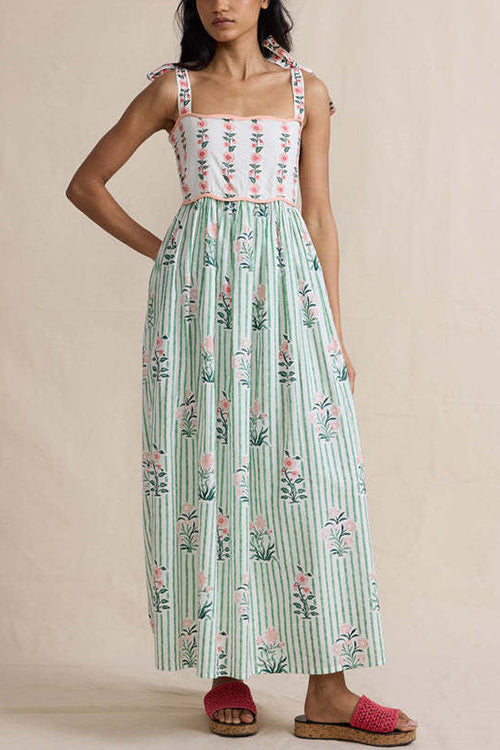 Margovil Tie Shoulder Back Lace-up Striped Floral Maxi Cami Dress