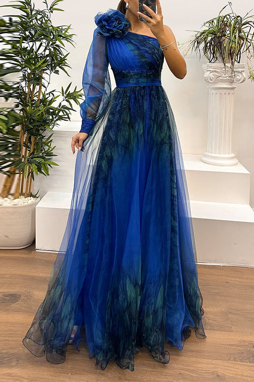 Margovil One Shoulder Long Sleeve Printed Slit Swing Maxi Dress