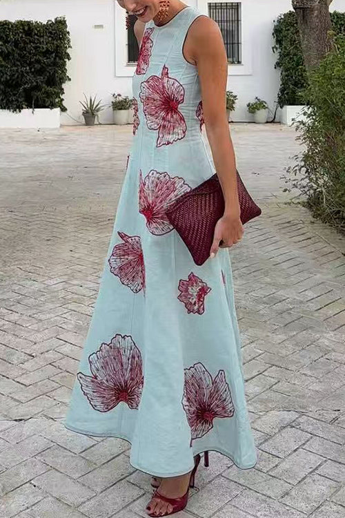 Crewneck Sleeveless Floral Print Maxi Dress