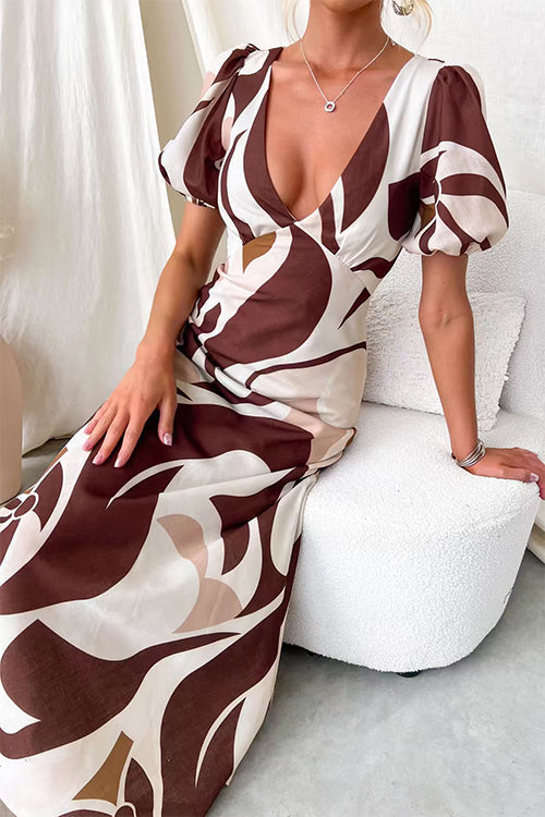 V Neck Puff Short Sleeves Printed Maxi Dress