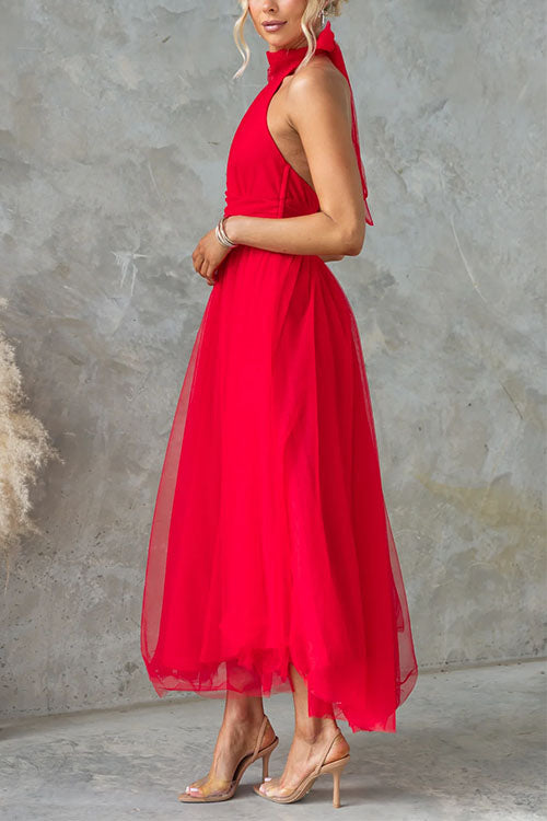 Margovil Bow Knot Halter Open Back Tulle Maxi Dress