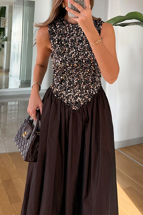 Margovil Crewneck Sleeveless Glitter Sequin Splice Maxi Dress