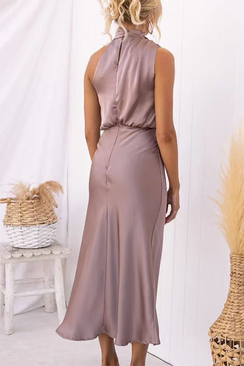 High Neck Sleeveless Waisted Satin Midi Dress