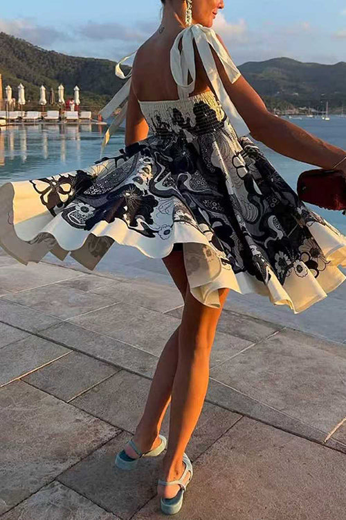Margovil Bow Shoulder Sleeveless High Waist Floral Print Mini Dress