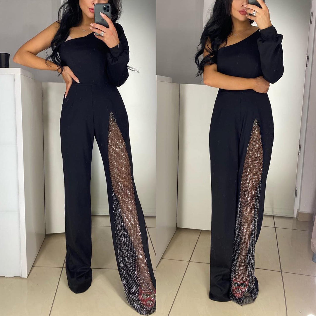 Margovil Stylish One Shoulder Slit Long Sleeve Mesh Splice Wide Leg Jumpsuit