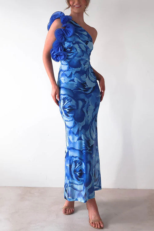 Margovil Ruffle One Shoulder Floral Print Bodycon Maxi Dress