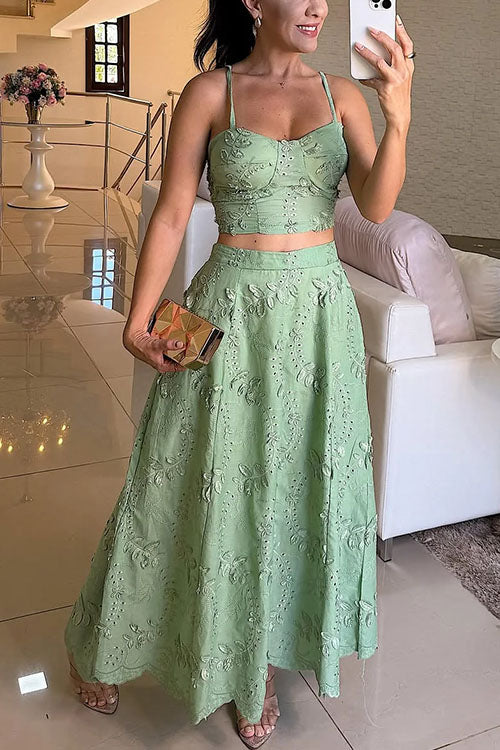 Margovil Embroidery Crop Cami Top and Elastic Waist Swing Maxi Skirt Set