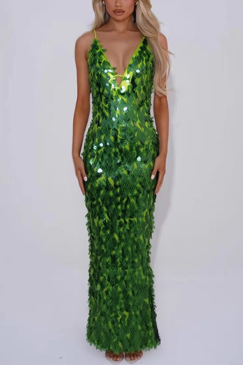 Margovil Spaghetti Strap V Neck Glitter Sequin Maxi Party Dress