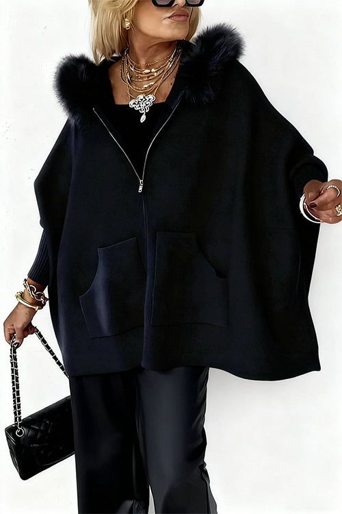 Margovil Dolman Sleeves Zipper Up Pocketed Jacket with Faux Fur Hood