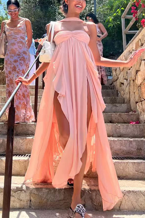 Margovil Sleeveless Open Back Ruffle Trim Slit Maxi Dress