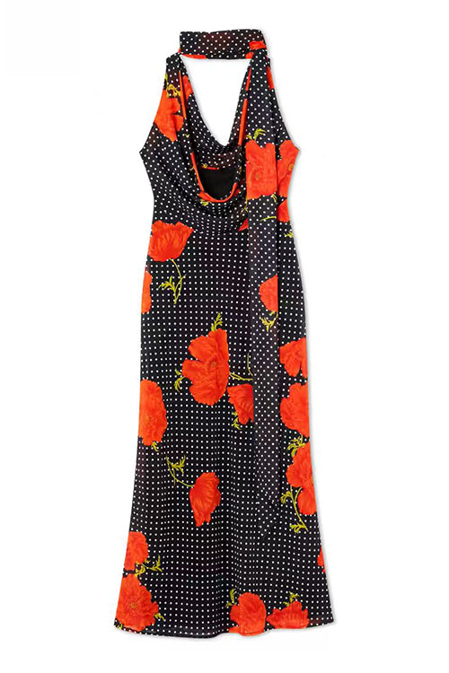 Margovil Cowl Neck Backless Floral Print Maxi Dress with Scarf