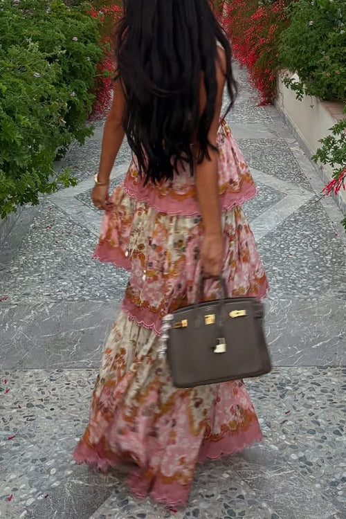Margovil Spaghetti Strap Back Lace-up Ruffle Layered Floral Print Maxi Dress