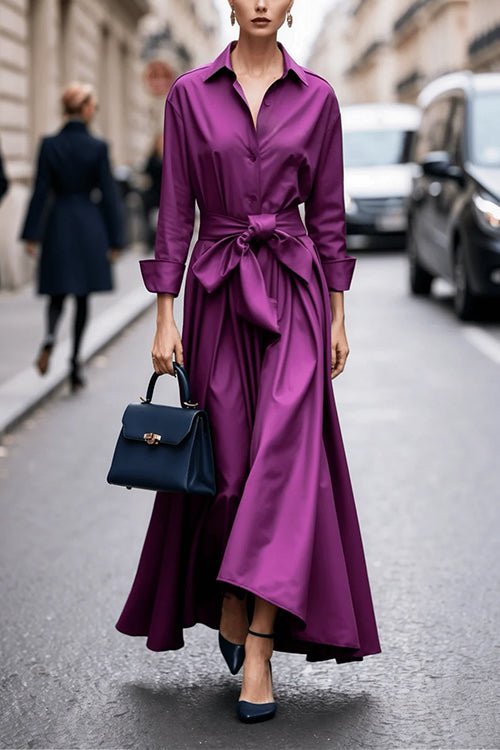 Margovil Lapel Long Sleeves Button Up Tie Waist Maxi Dress