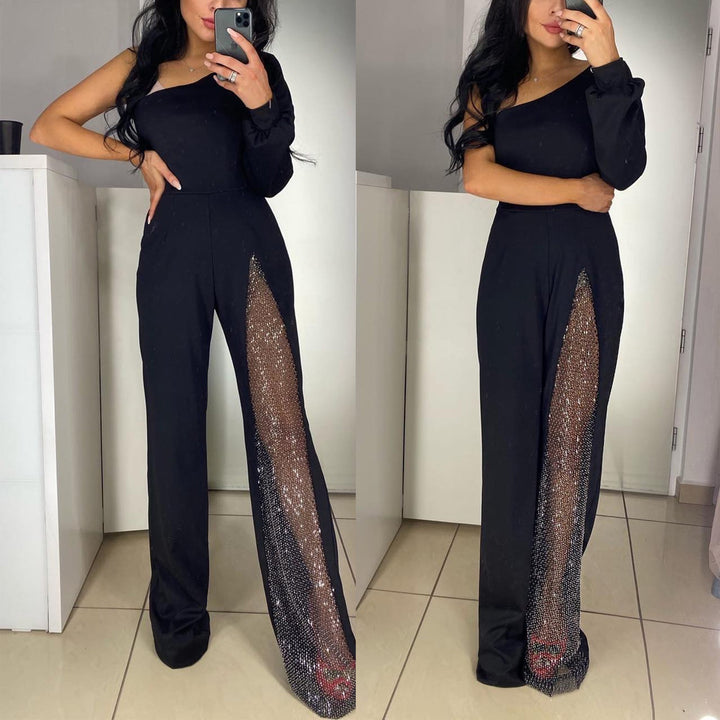 Margovil One Shoulder Long Sleeve Patchwork Wide Leg Jumpsuit