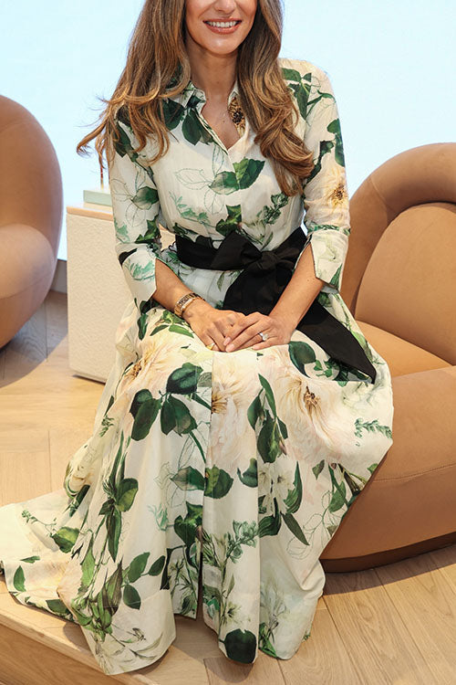 3/4 Sleeves Button Up Wild Rose Print Shirt Maxi Dress