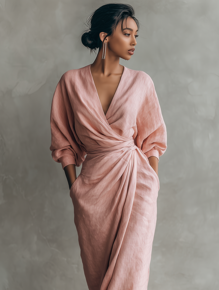 Women's  Pink Minimalist V-neck Linen Blend Maxi Dress MDA1655L0Y