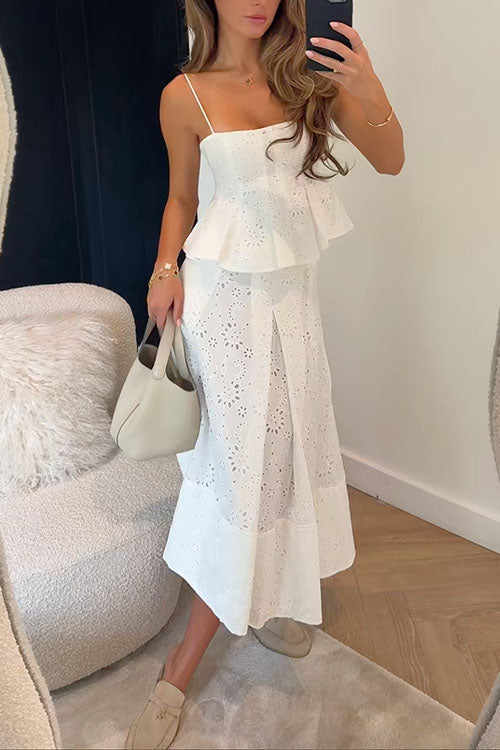 Margovil Lace Hollow Out Ruffle Cami Top and A-line Midi Skirt Set