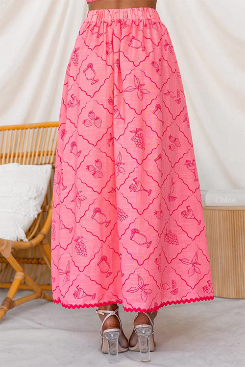 High Rise Printed Ric Rac Trim Maxi Skirt