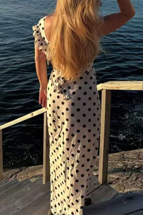 U Neck Ruffle Detail Polka Dot Maxi Dress