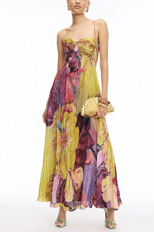 Spaghetti Strap Waisted Floral Print Pleated Swing Maxi Dress