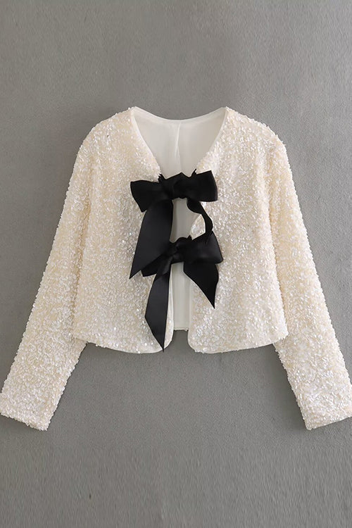 Margovil Long Sleeves Bow Detail Shiny Sequin Top