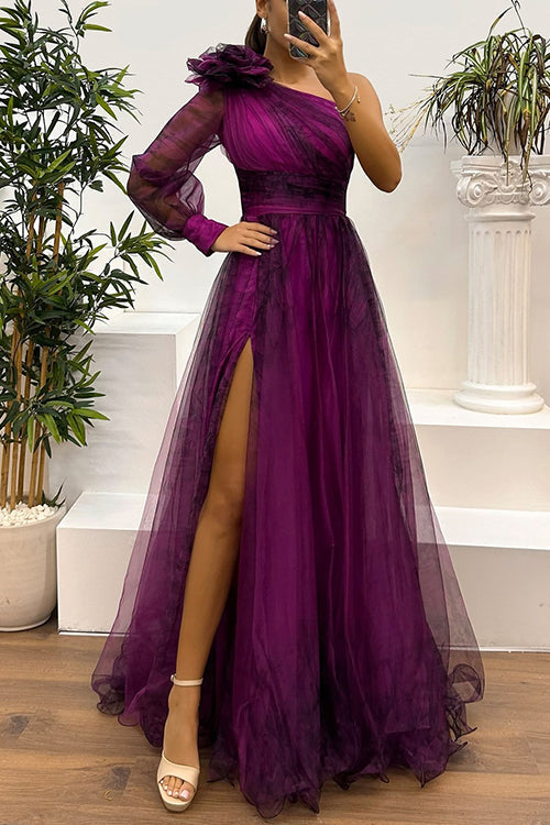 Margovil One Shoulder Long Sleeve Mesh Printed Slit Maxi Dress