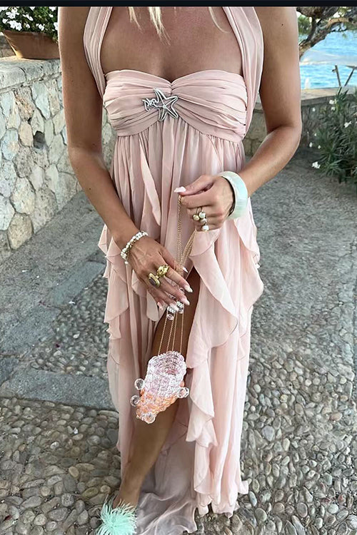 Margovil Sleeveless Open Back Ruffle Trim Slit Maxi Dress