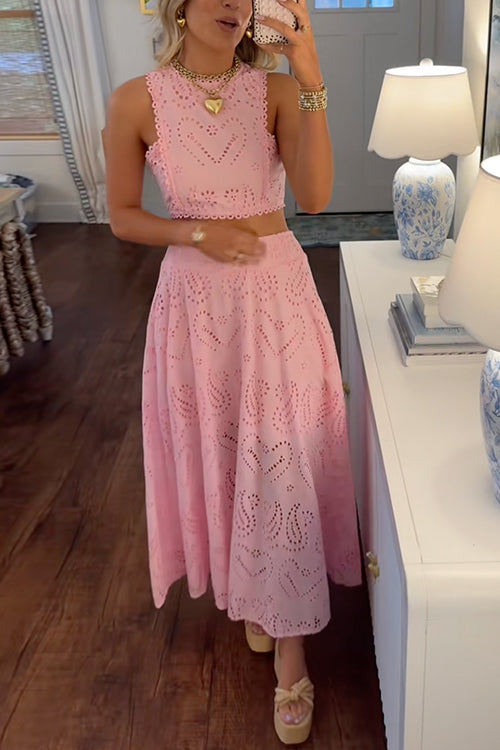 Margovil Lace Hollow Out Sleeveless Crop Top High Waist Maxi Skirt Set