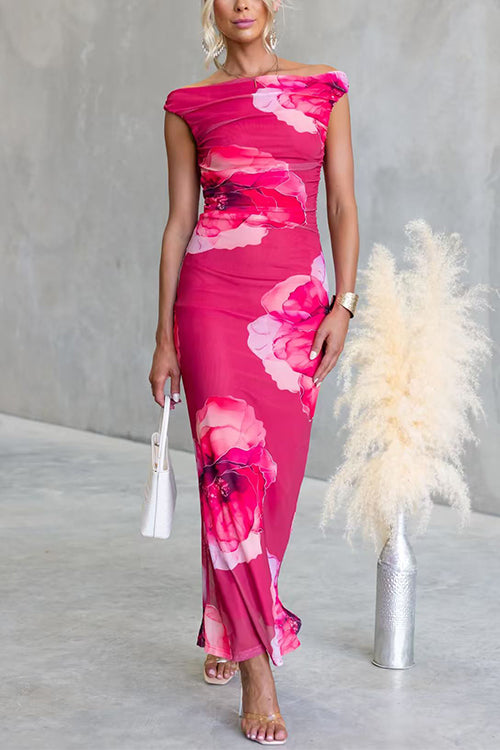 Off the Shoulder Floral Print Bodycon Maxi Dress