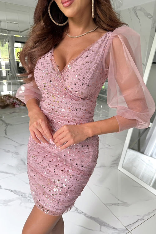 Margovil V Neck Ruched Mesh Sequin Bodycon Mini Dress