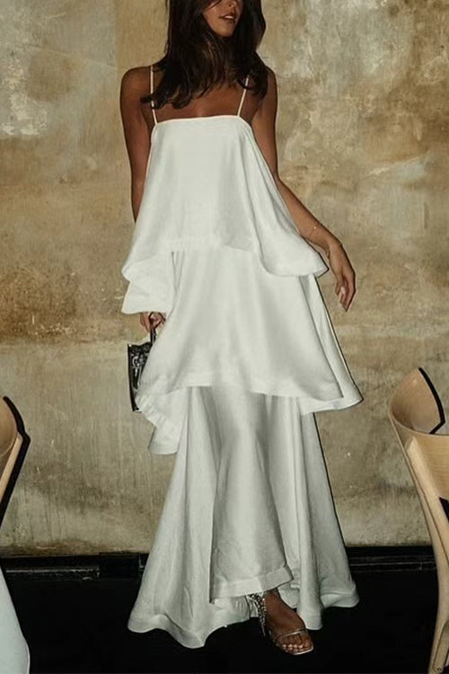 Margovil Adjustable Strap Ruffle Layered Satin Maxi Dress