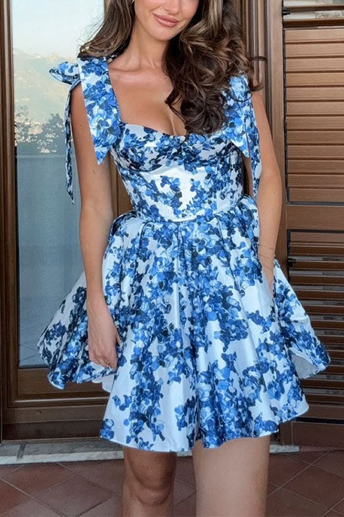 Margovil Bow Shoulder Floral Print A-line Mini Cami Dress