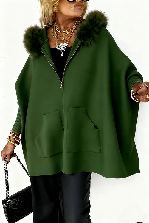 Margovil Dolman Sleeves Zipper Up Pocketed Jacket with Faux Fur Hood