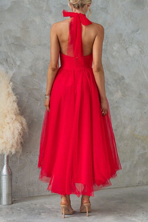 Margovil Bow Knot Halter Open Back Tulle Maxi Dress