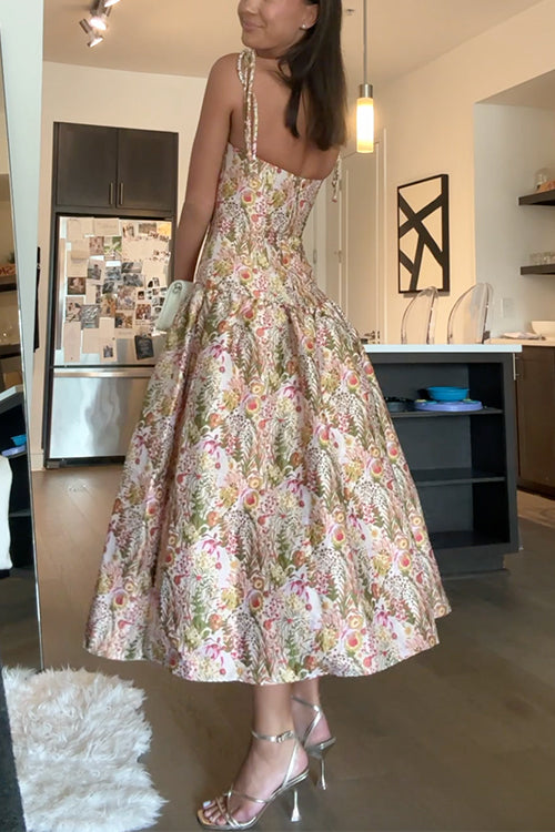 Tie Shoulder Drop Waist Jacquard Midi Cami Dress