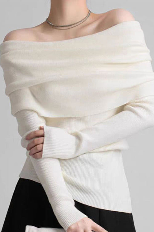 Margovil Off Shoulder Long Sleeves Ribbed Knit Sweater