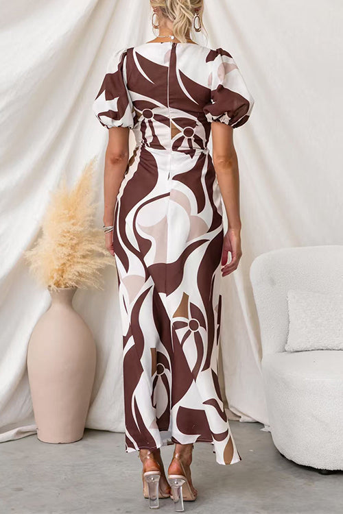 V Neck Puff Short Sleeves Printed Maxi Dress