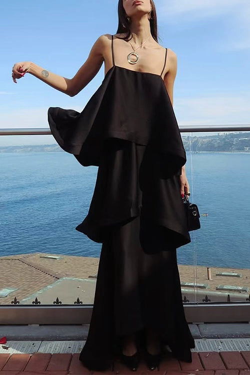 Margovil Adjustable Strap Ruffle Layered Satin Maxi Dress