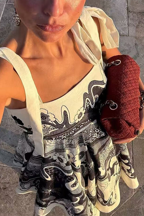 Margovil Bow Shoulder Sleeveless High Waist Floral Print Mini Dress